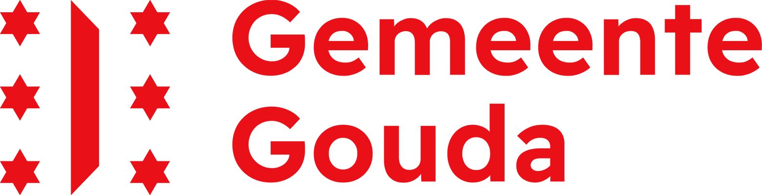 Rood beeldmerk met zes zespuntige sterren uit het stadswapen en een horizontaal balkje (luikje van het Stadhuis op de Markt), daarnaast in rood de tekst “Gemeente Gouda”.